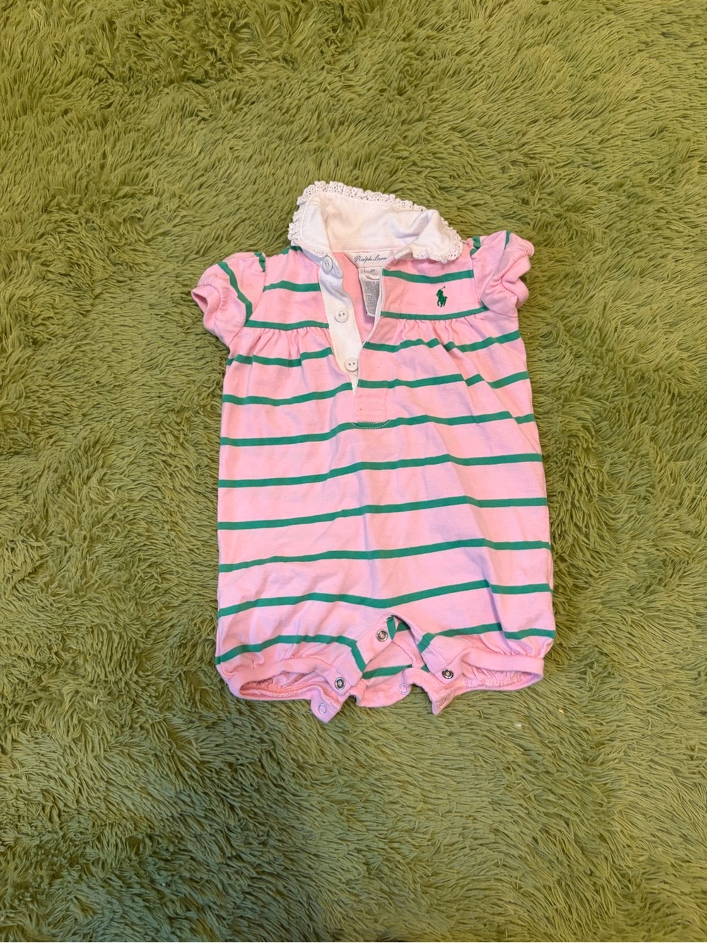 Polo by Ralph Lauren Pink and Green Striped Baby One-Piece